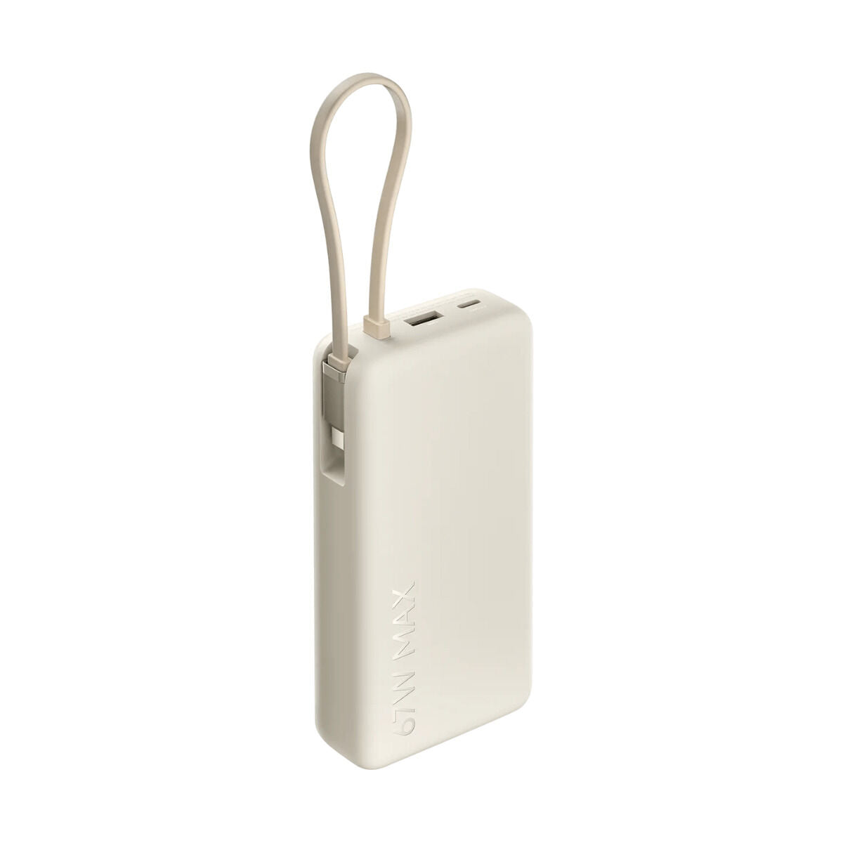 Beige Xiaomi Powerbank 20000 mAh in zijaanzicht met USB-poorten en handvat.