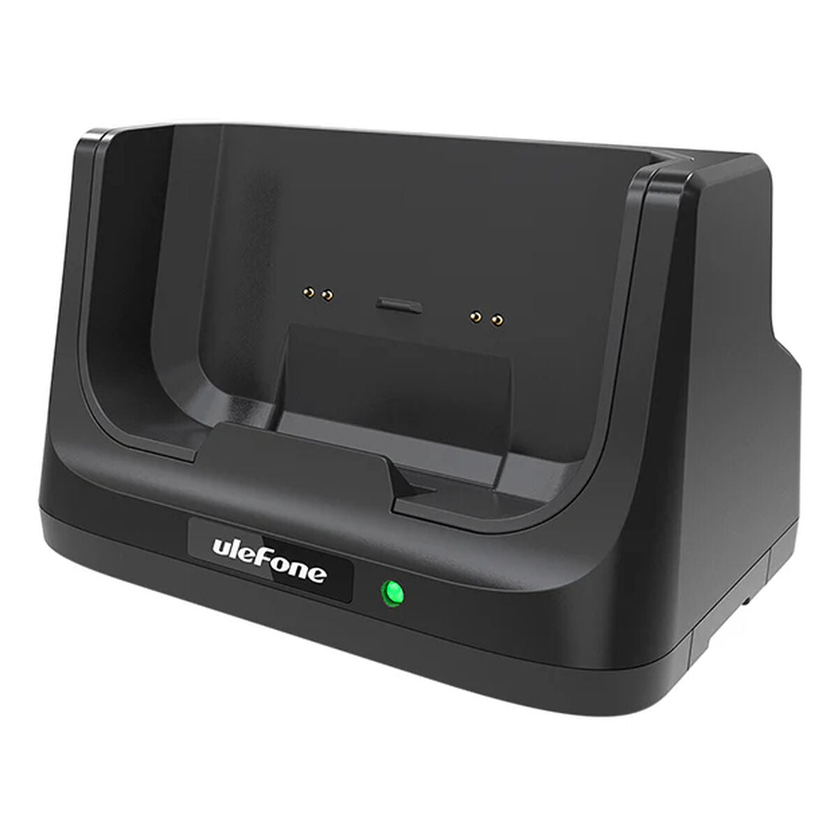 Zijaanzicht van het Ulefone Dock laadstation in zwart met een groene indicatorlamp.