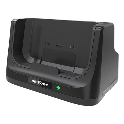 Zijaanzicht van het Ulefone Dock laadstation in zwart met een groene indicatorlamp.