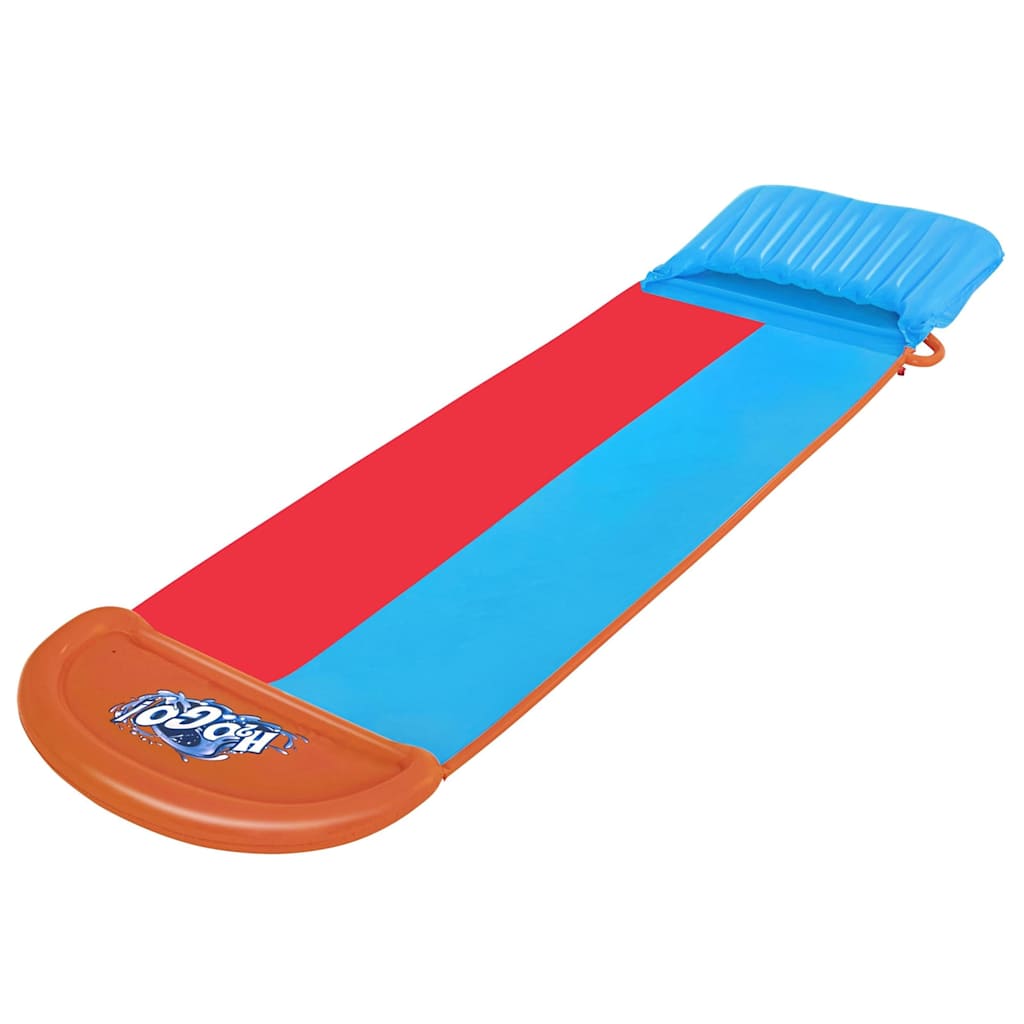 Detail van de Bestway H2OGO waterglijbaan met blauwe en rode glijoppervlakken.
