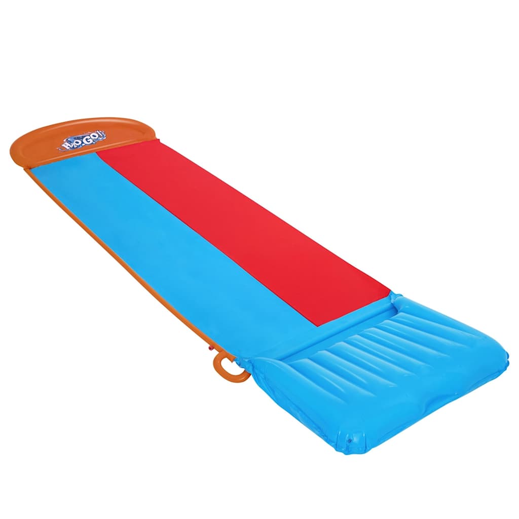 Zijaanzicht van de Bestway H2OGO waterglijbaan met blauwe en rode glijoppervlakken.