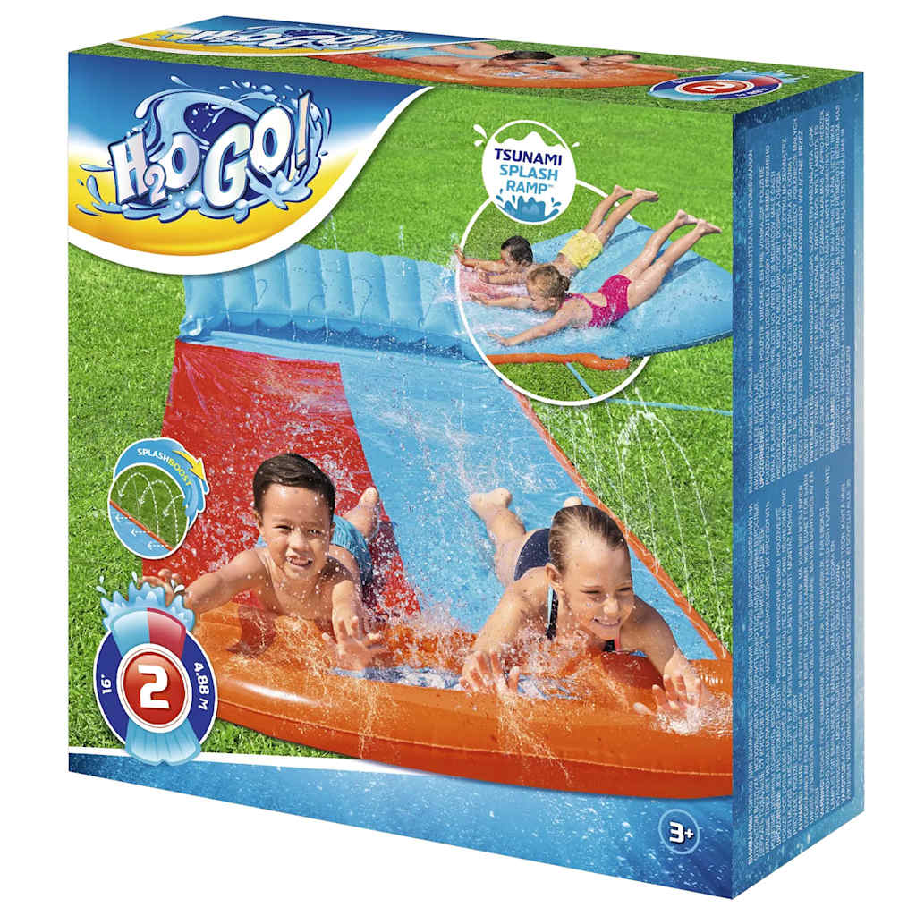 Detail van de Bestway H2OGO Tsunami Splash Ramp met kinderen die samen glijden.