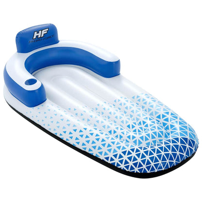 Detail van het Bestway Hydro-Force drijfbed met rugleuning in blauw en wit, zijaanzicht.