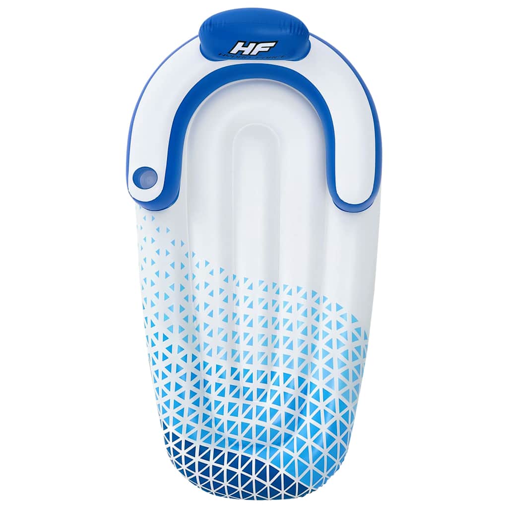 Detail van het Bestway Hydro-Force drijfbed met blauwe rugleuning en geometrisch patroon.