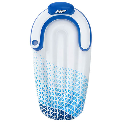 Detail van het Bestway Hydro-Force drijfbed met blauwe rugleuning en geometrisch patroon.