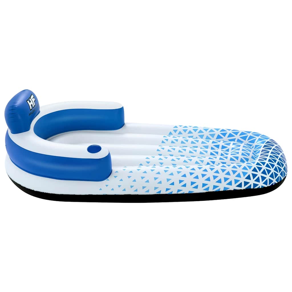 Zijaanzicht van het blauwe Bestway Hydro-Force drijfbed met rugleuning en bekerhouder.