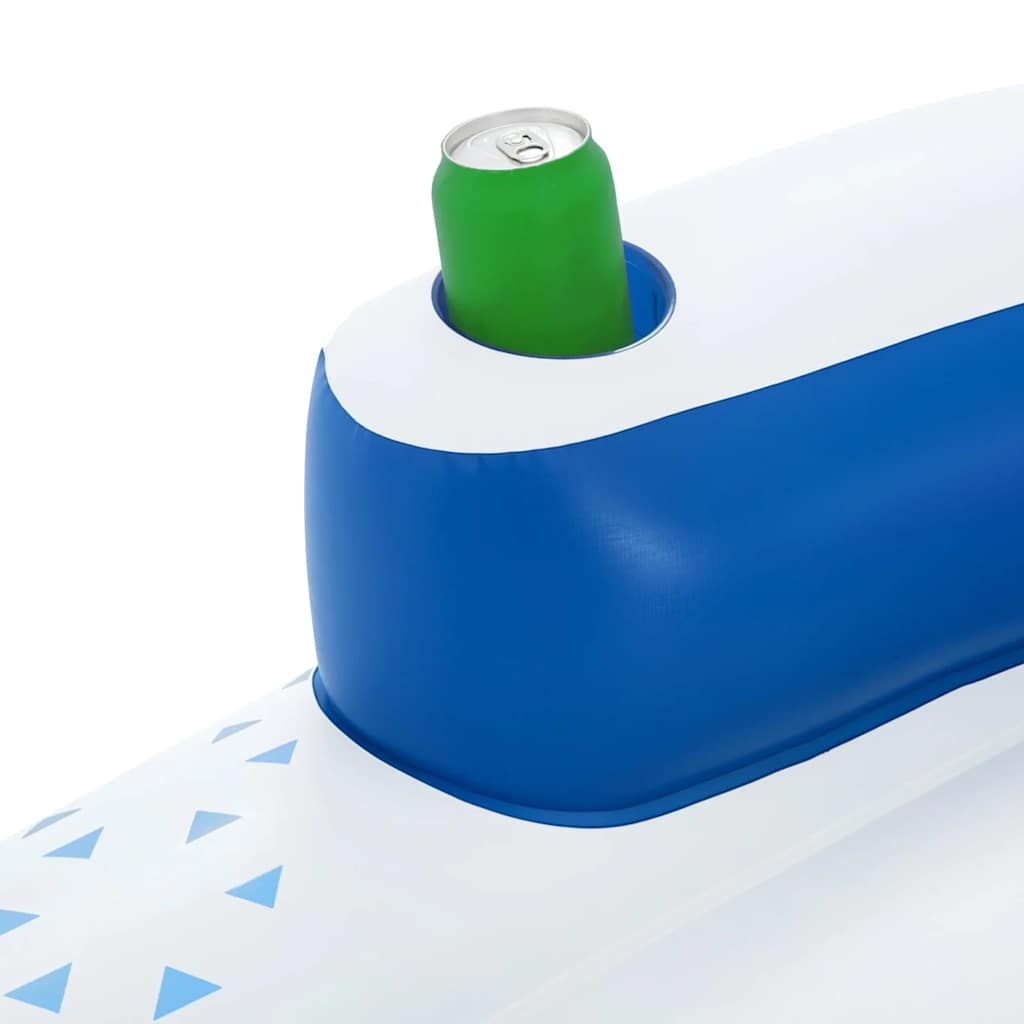 Detail van de blauwe Bestway Hydro-Force drijfbed met bekerhouder.