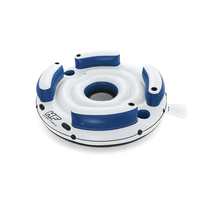 Detail van het Bestway Hydro-Force drijfeiland met blauwe bekerhouders en opbergvakken.