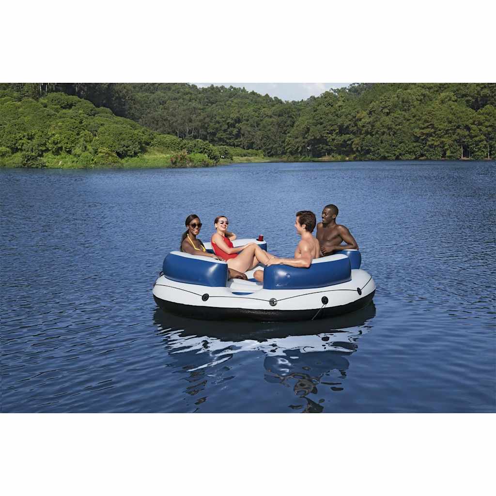 Drijfeiland Bestway Hydro-Force met vier mensen in zwemkleding op het water.