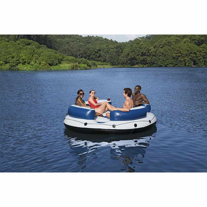 Drijfeiland Bestway Hydro-Force met vier mensen in zwemkleding op het water.