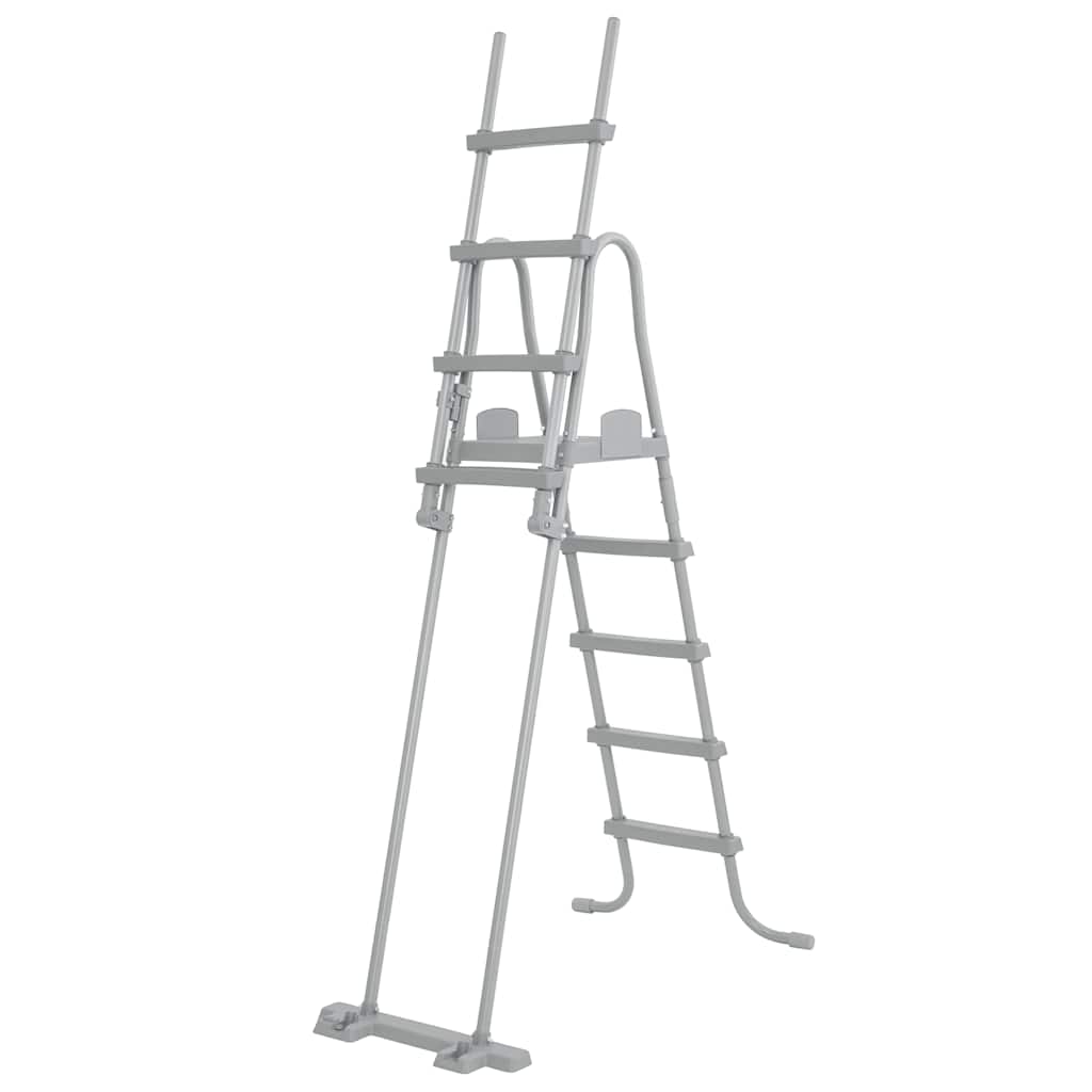 Detail van de Bestway Flowclear zwembadladder met vier treden en stevig stalen frame.