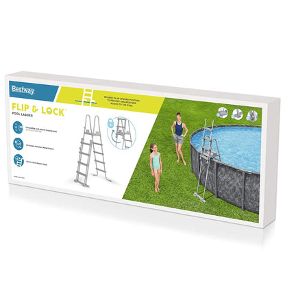 Detail van de Bestway Flowclear zwembadladder in verpakking, met illustraties en gebruiksinstructies.