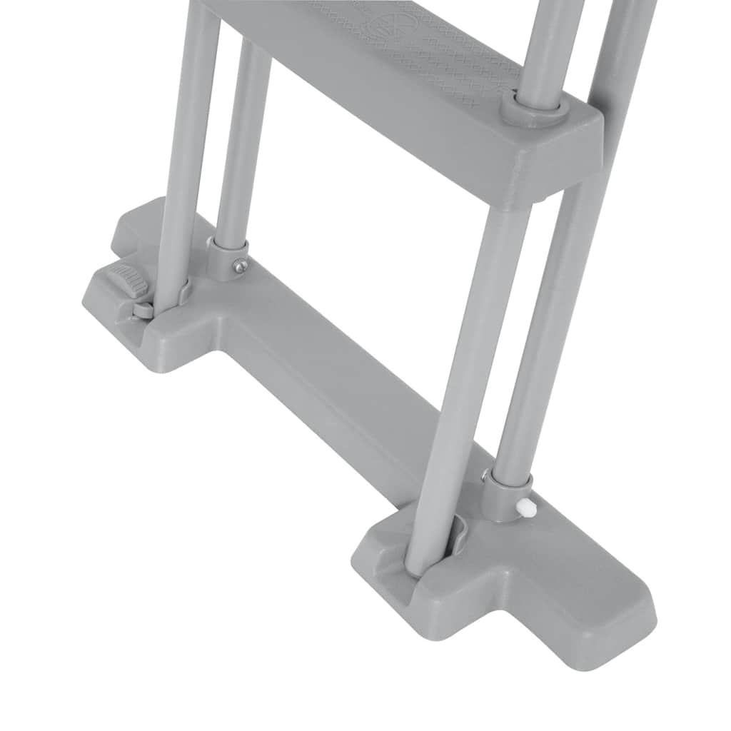 Detail van de stevige basis van de Bestway Flowclear zwembadladder met anti-slip treden.