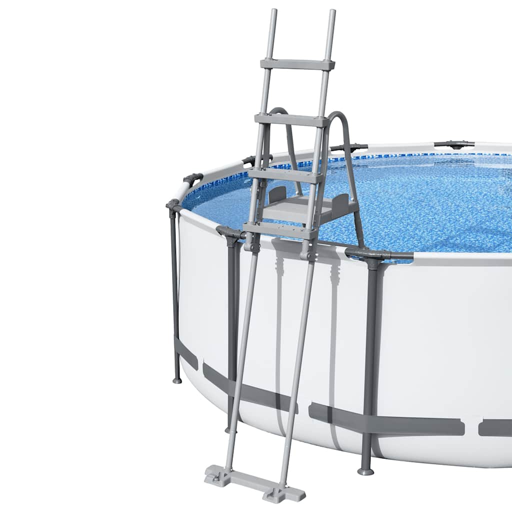 Detail van de Bestway Flowclear zwembadladder met 4 treden, zijaanzicht bij een bovengronds zwembad.