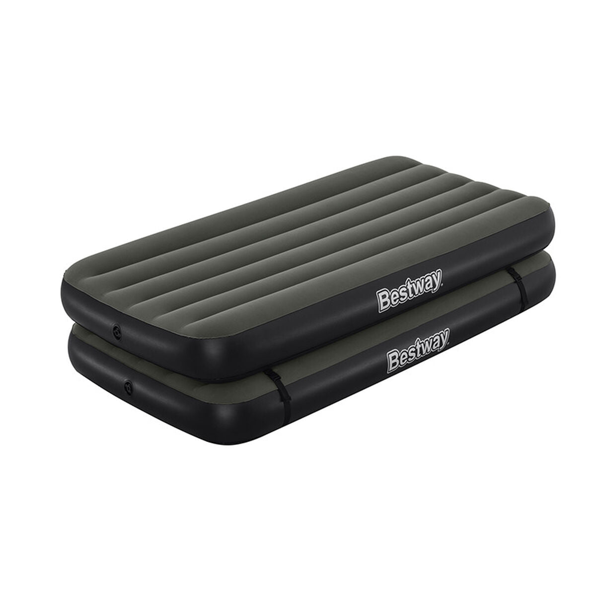 Detail van het opblaasbare Bestway matras in zwart en grijs, met ribbelstructuur.