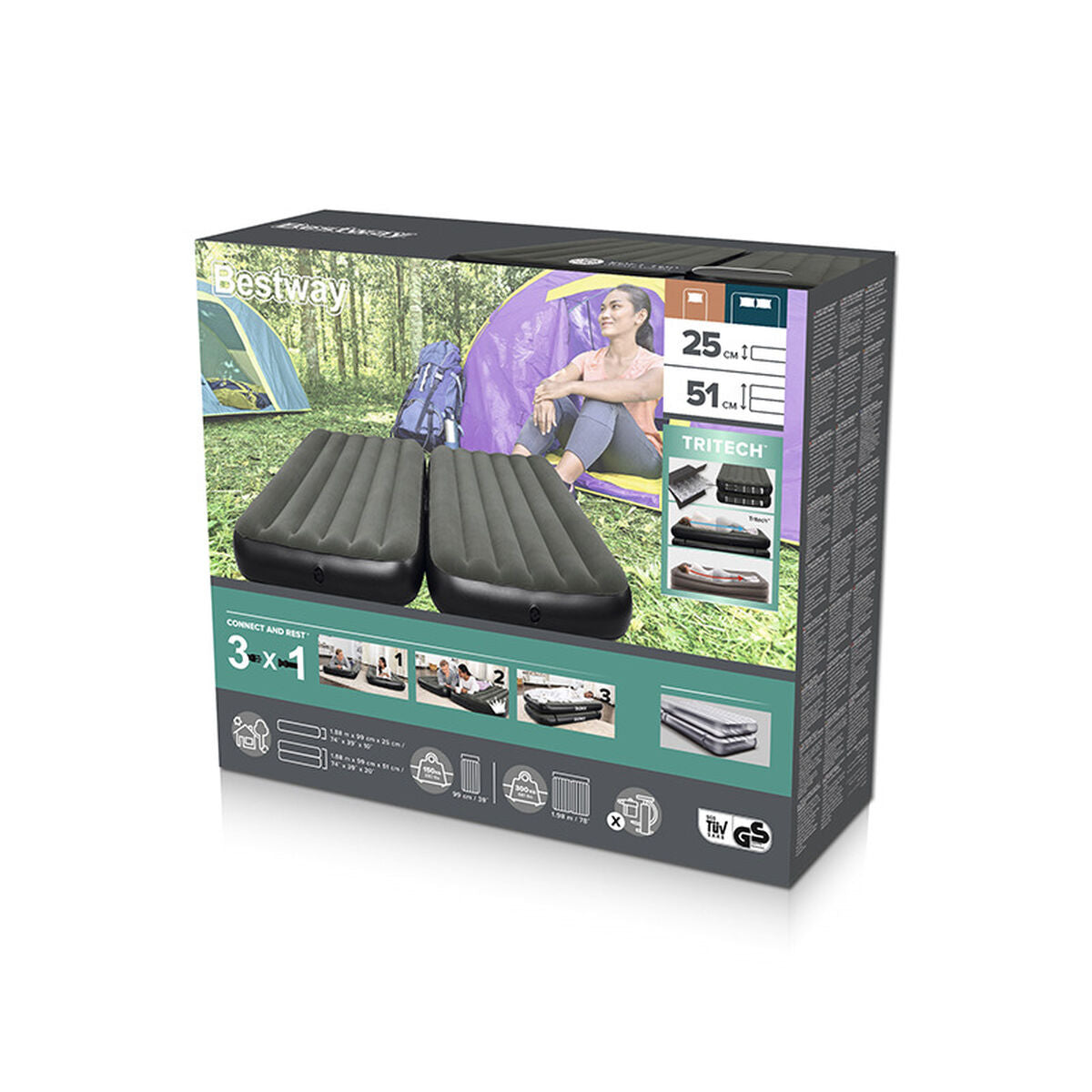Detail van de Bestway 3 in 1 opblaasbaar matras in verpakking, met gebruiksinstructies en afbeeldingen.