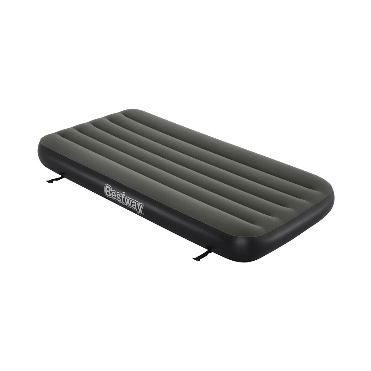 Detail van het Bestway opblaasbare matras in zwart en grijs, zijaanzicht met ribbelstructuur.
