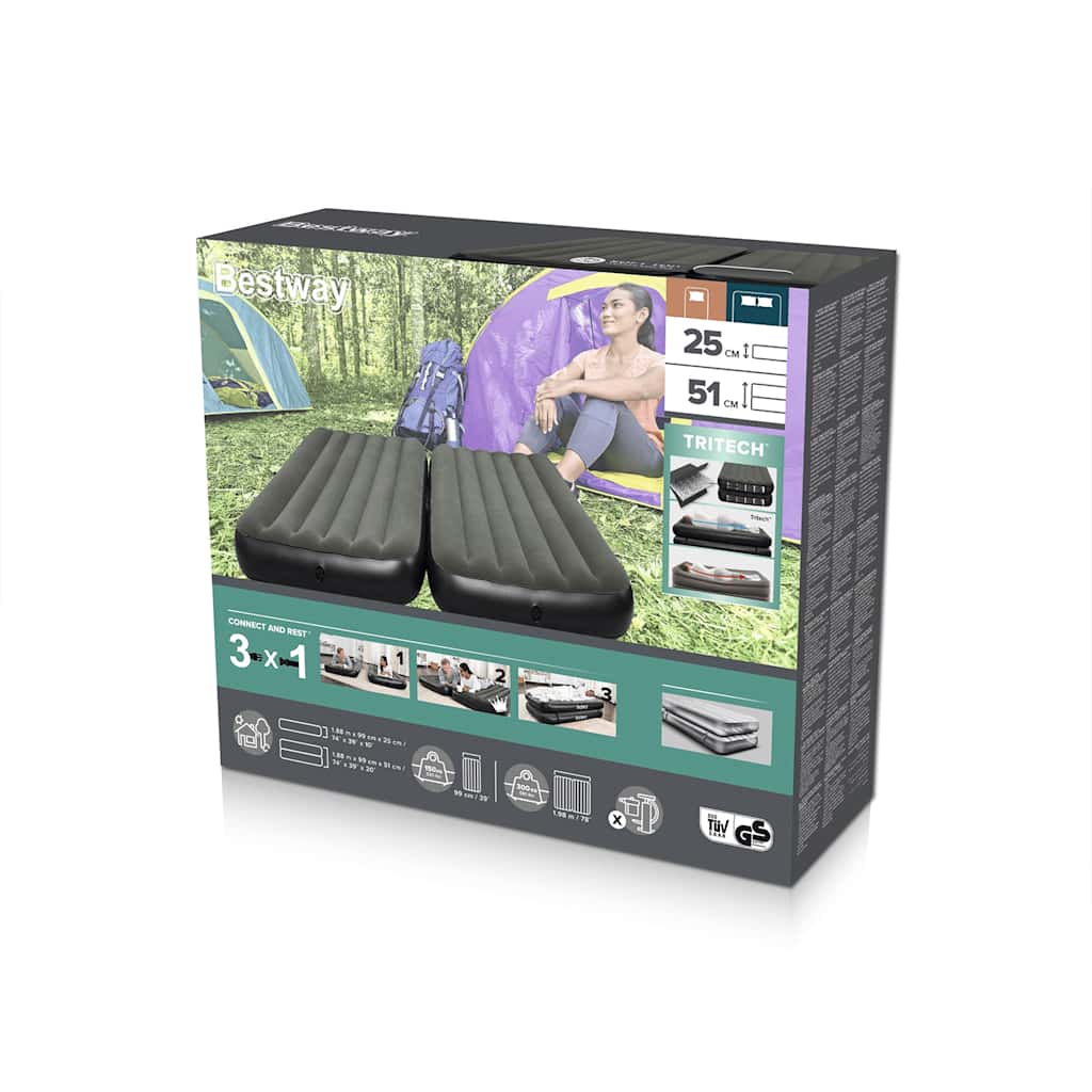 Detail van de verpakking van het Bestway 3-in-1 luchtbed met specificaties en gebruiksinstructies.