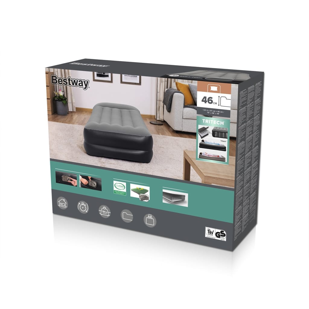 Detail van de Bestway luchtbed verpakking met afbeelding en specificaties.