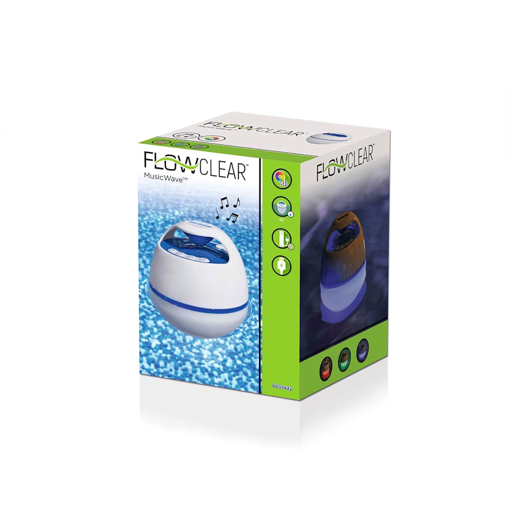 Detail van de verpakking van de Bestway Bluetooth Luidspreker met kleurrijke LED-verlichting.