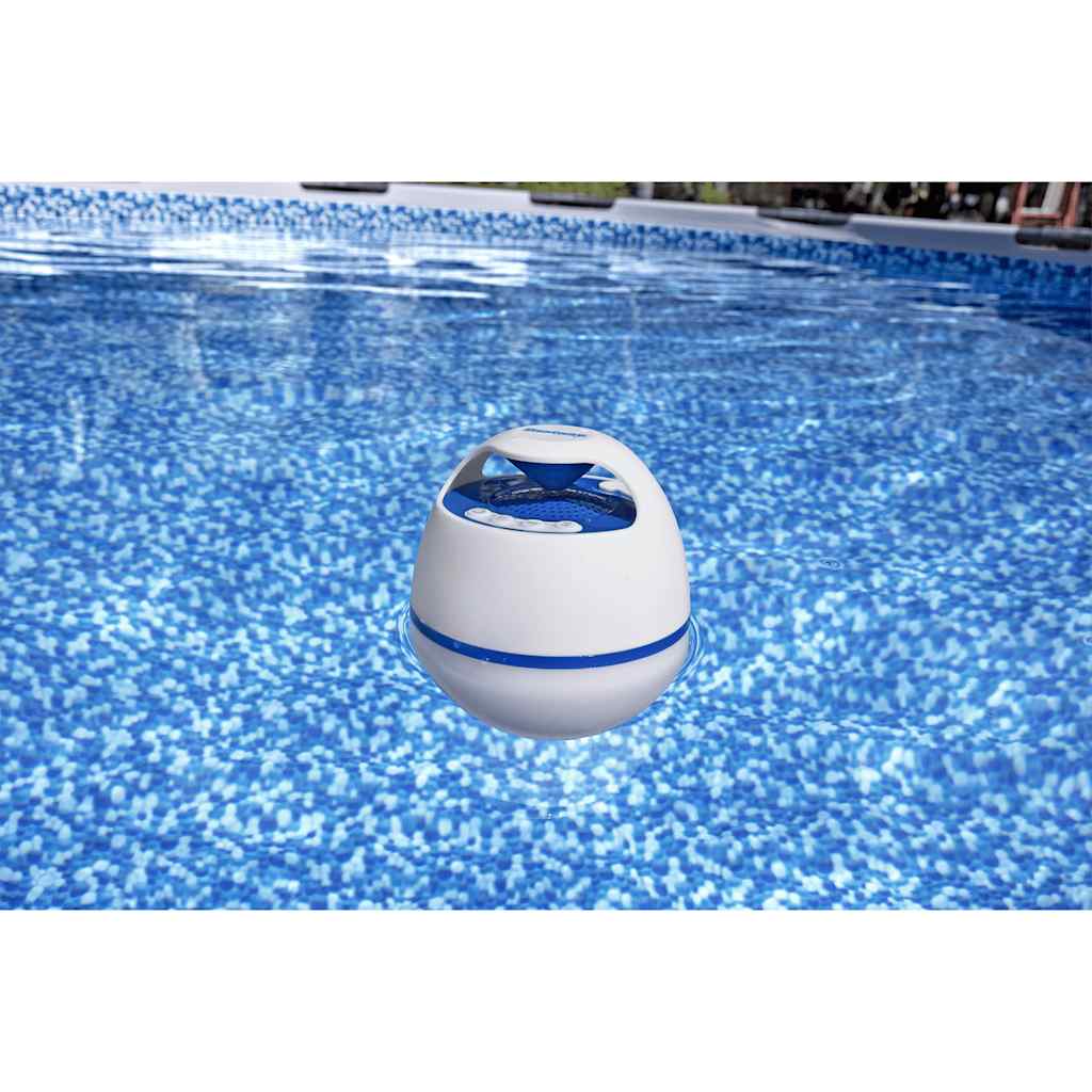 Bestway Bluetooth luidspreker drijvend in zwembad, waterdicht en LED-verlichting.