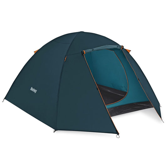 Bestway koepeltent in donkerblauw met oranje accenten en open ingang.
