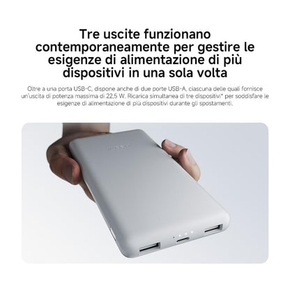Detail van de Xiaomi Powerbank 10000mAh in het wit, met drie oplaadpoorten zichtbaar.
