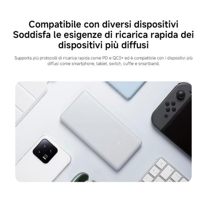 Zijaanzicht van de witte Xiaomi Powerbank 10000mAh met diverse apparaten eromheen.
