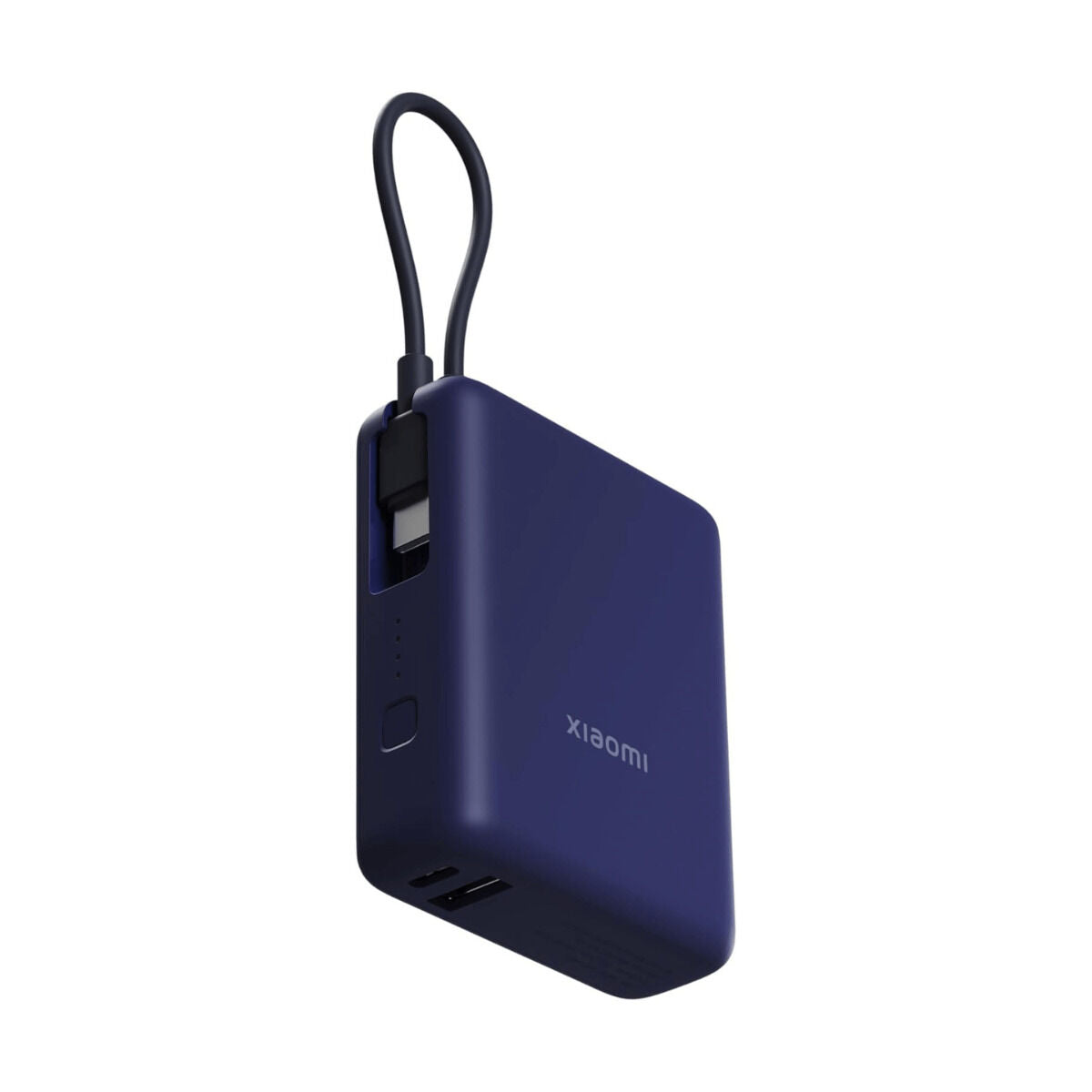 Zijaanzicht van de blauwe Xiaomi Powerbank 10000 mAh met USB-C en USB-A poorten.