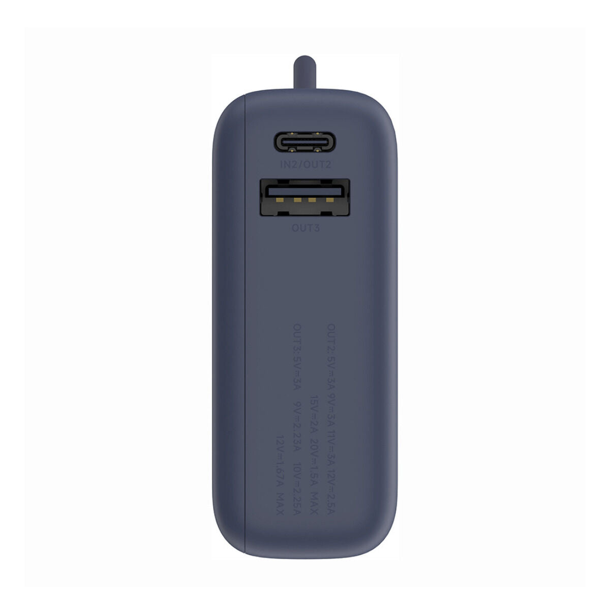 Detail van de blauwe Xiaomi Powerbank met USB-C en USB-A poorten, zijaanzicht.