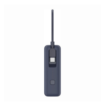 Detail van de blauwe Xiaomi Powerbank 10000 mAh, zijaanzicht met opladingsindicator.