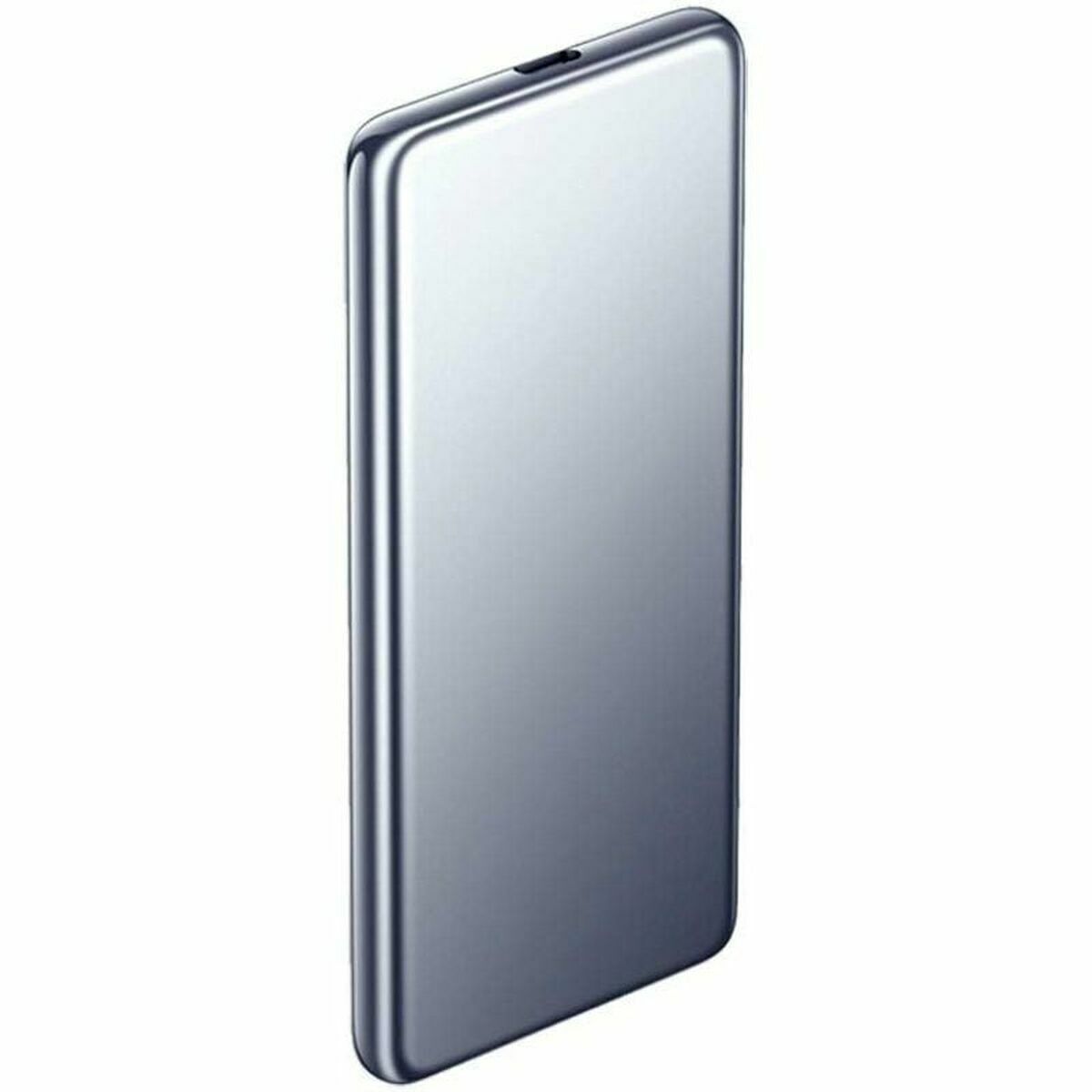 Zijaanzicht van de Xiaomi Powerbank 5000 mAh in zilver met een gladde afwerking.