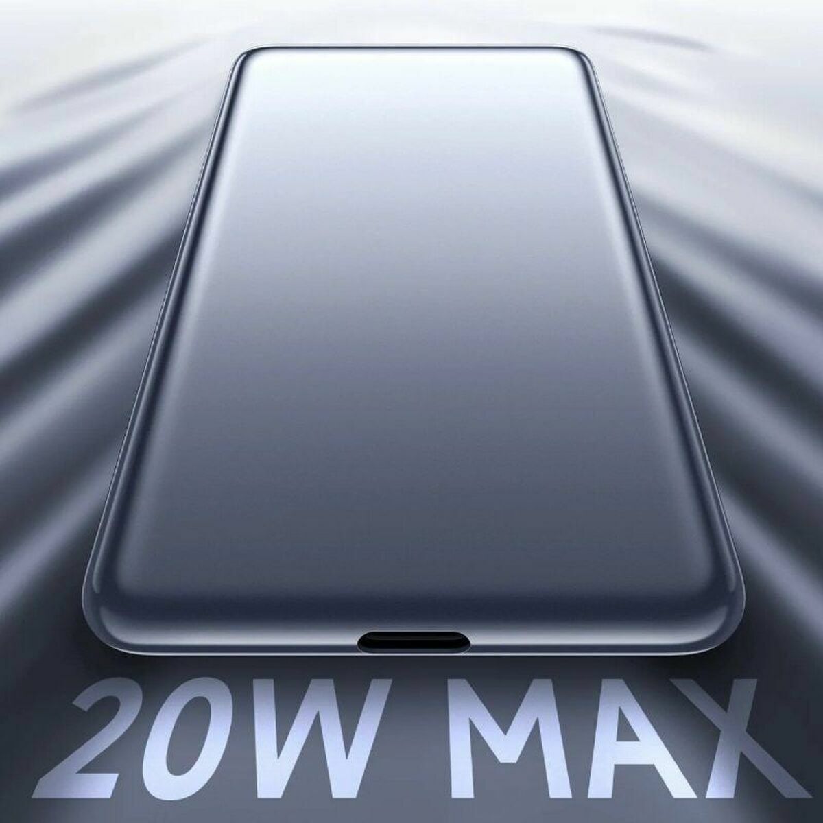 Detail van de Xiaomi Powerbank met 20W maximale output, in een gladde, zilverkleurige afwerking.
