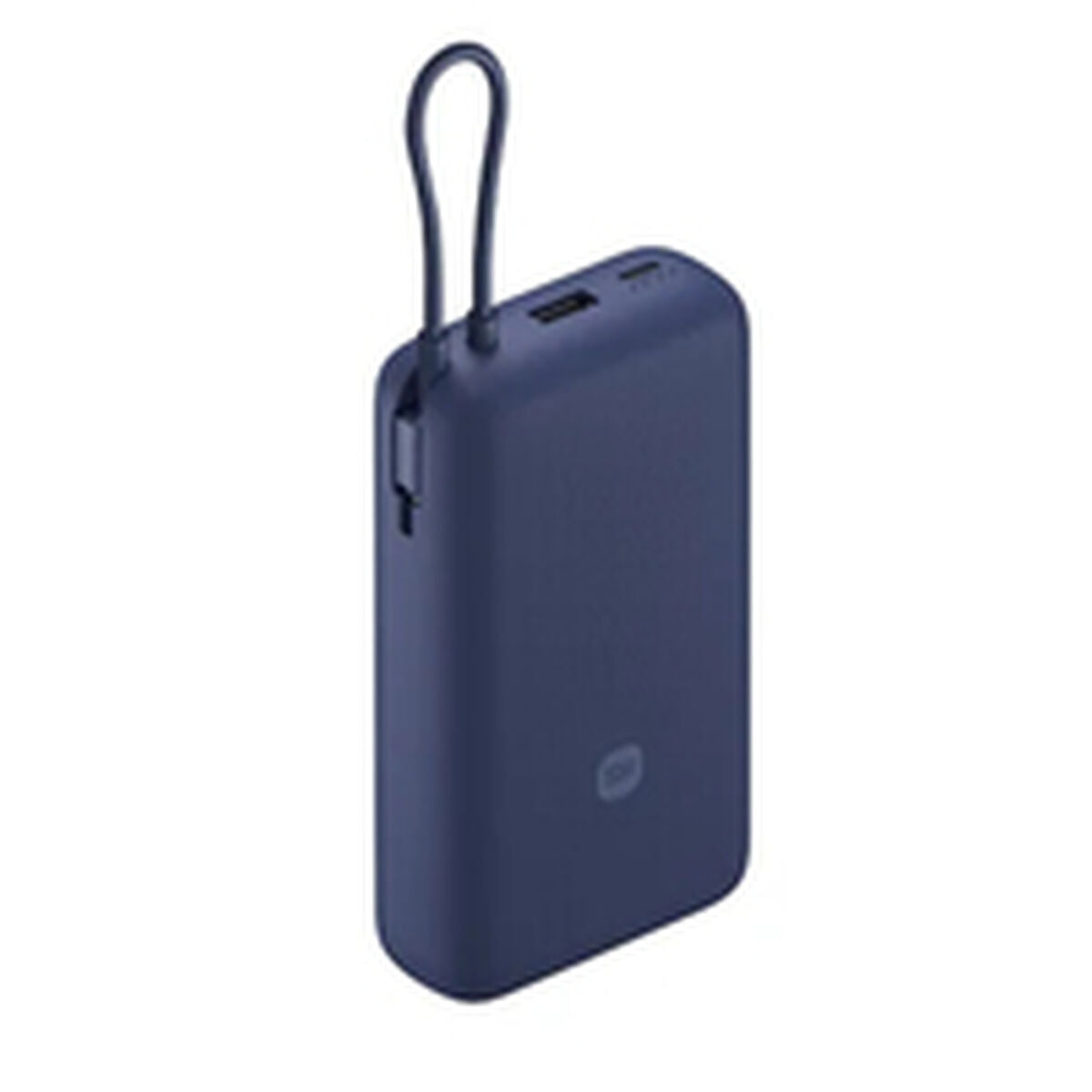 Zijaanzicht van de blauwe Xiaomi Powerbank 20000 mAh met oplaadpoort en kabel.