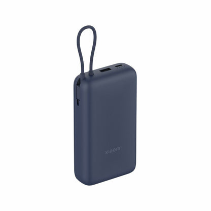 Zijaanzicht van de blauwe Xiaomi Powerbank 20000 mAh met oplaadpoort en handvat.