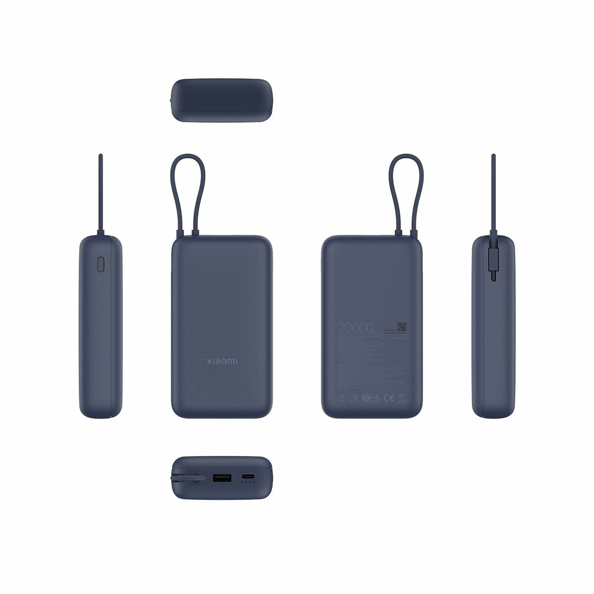 Detailweergave van de Xiaomi Powerbank 20000 mAh in blauw, met verschillende hoeken en aansluitingen.