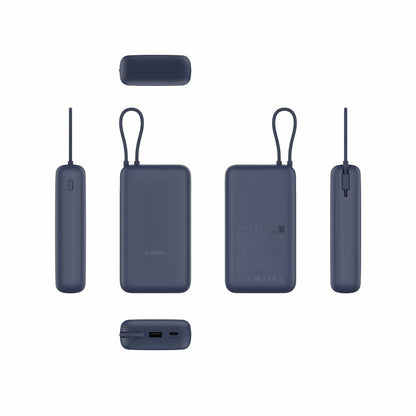 Detailweergave van de Xiaomi Powerbank 20000 mAh in blauw, met verschillende hoeken en aansluitingen.