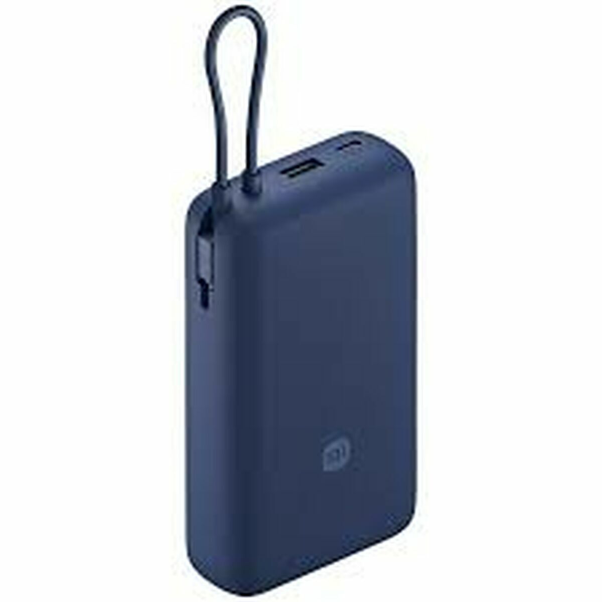 Zijaanzicht van de blauwe Xiaomi Powerbank 20000 mAh met handige ophanglus.