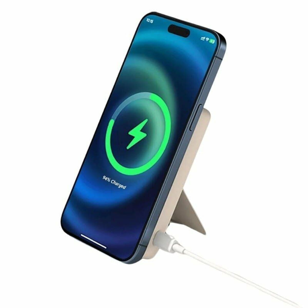 Detail van de Xiaomi Powerbank Bruin met smartphone in gebruik, opladen via USB-C.