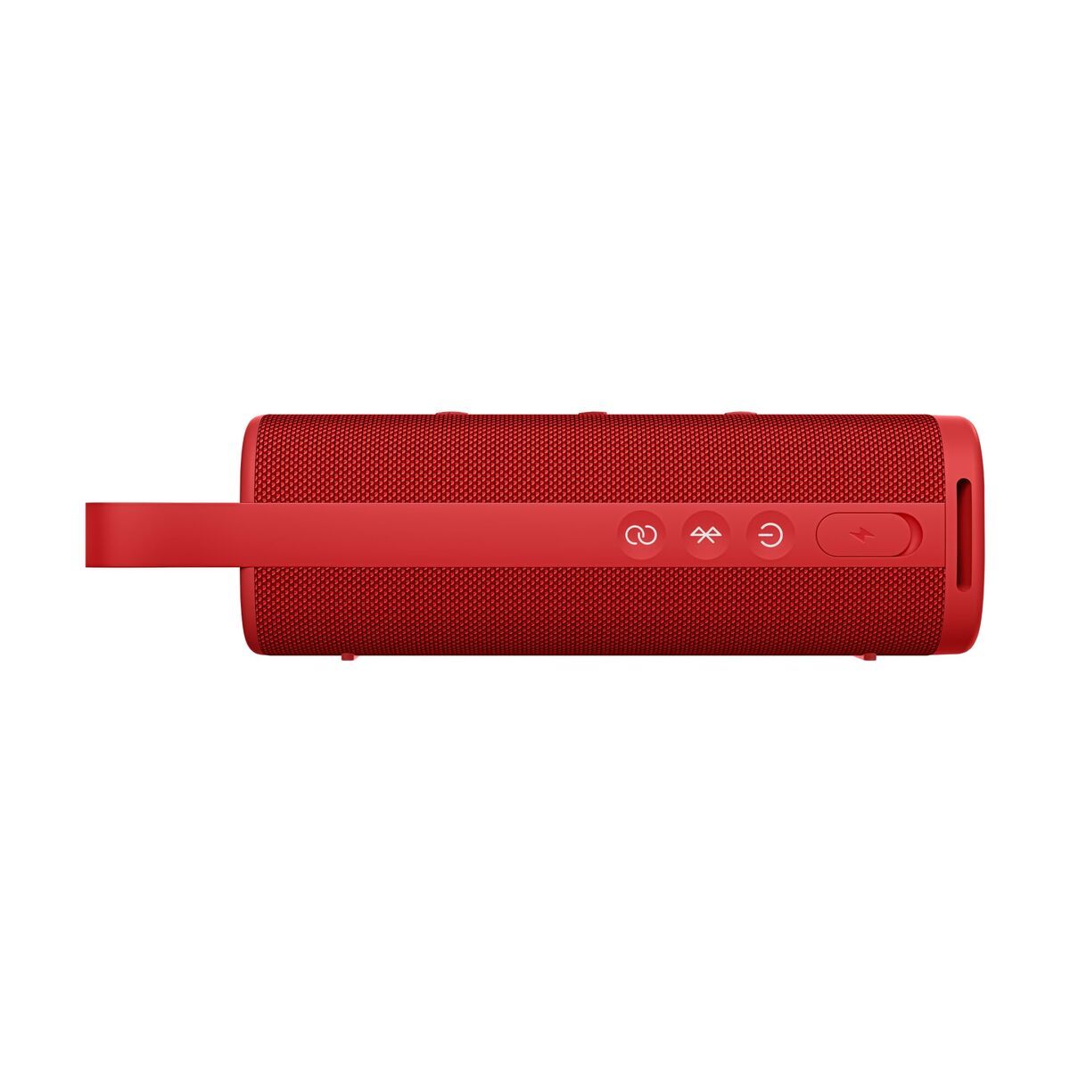 Zijaanzicht van de Xiaomi Bluetooth luidspreker in rood met bedieningsknoppen.