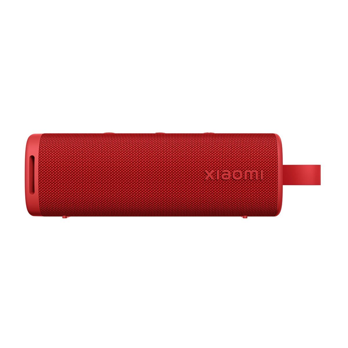 Zijaanzicht van de rode Xiaomi QBH4263GL Bluetooth luidspreker met knoppen en handvat.