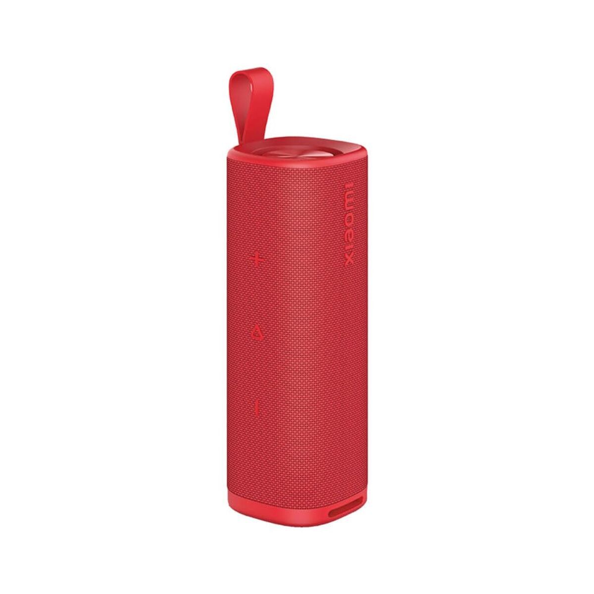 Zijaanzicht van de Xiaomi QBH4263GL draagbare Bluetooth luidspreker in rood met knoppen.