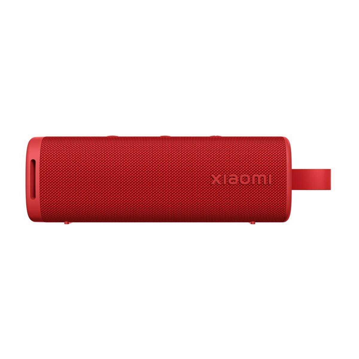 Zijaanzicht van de rode Xiaomi QBH4263GL Bluetooth luidspreker met textuur en knoppen.