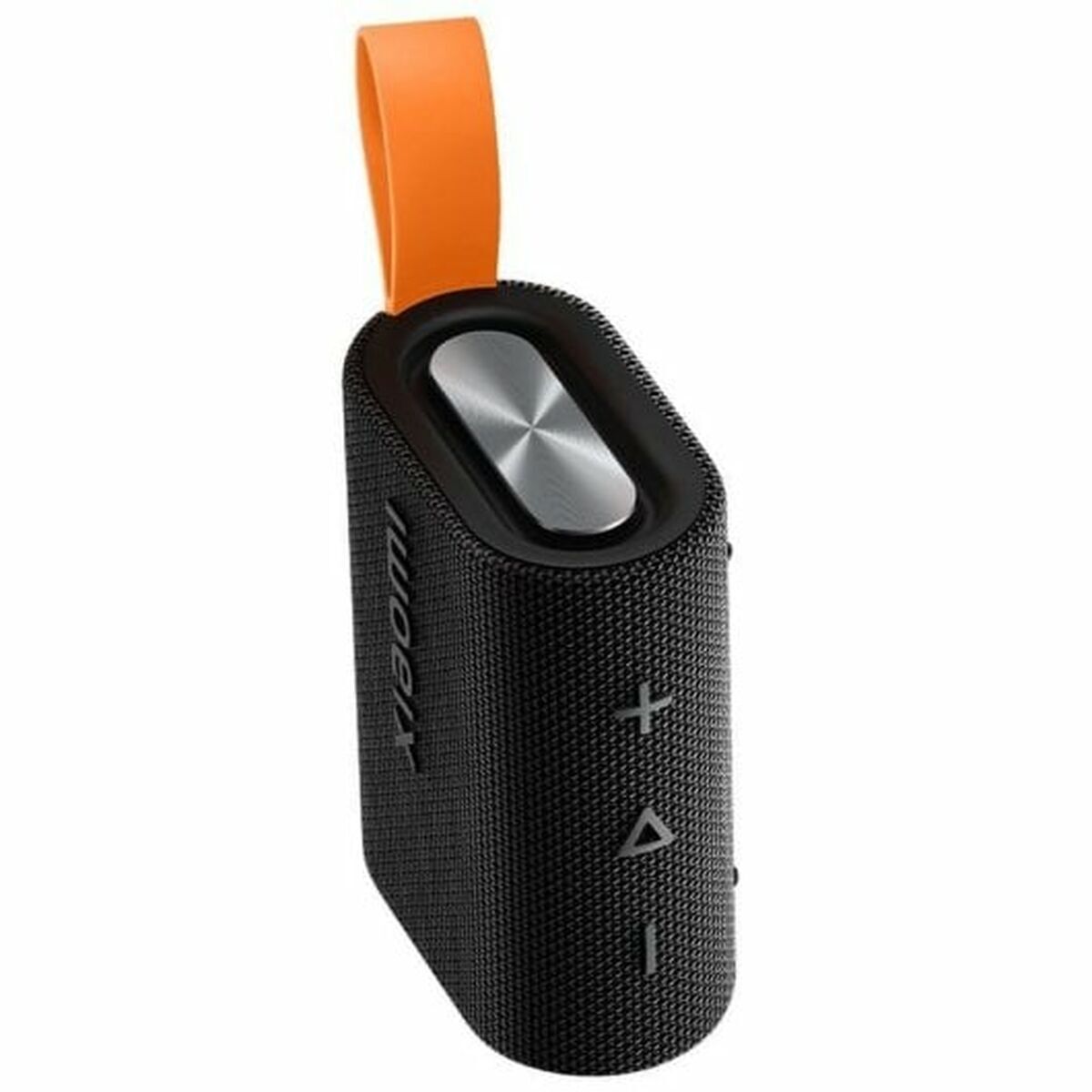 Detail van de Xiaomi Bluetooth luidspreker in zwart met oranje handvat en volumeknoppen.