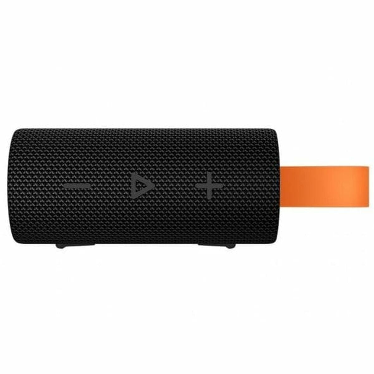 Zwart Xiaomi Bluetooth luidspreker met bedieningsknoppen en oranje draagriem, zijaanzicht.