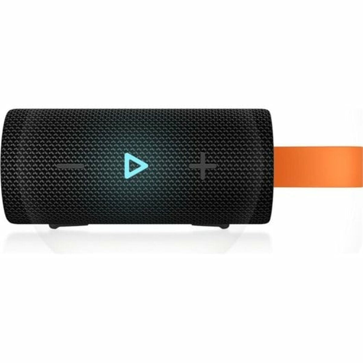 Zijaanzicht van de zwarte Xiaomi Bluetooth luidspreker met oranje handvat en bedieningsknoppen.