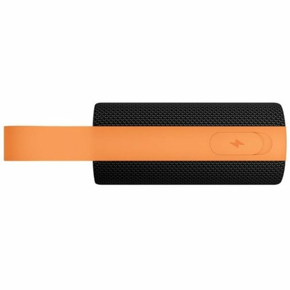 Zijaanzicht van de zwarte Xiaomi Bluetooth luidspreker met oranje accenten en aan/uit-knop.