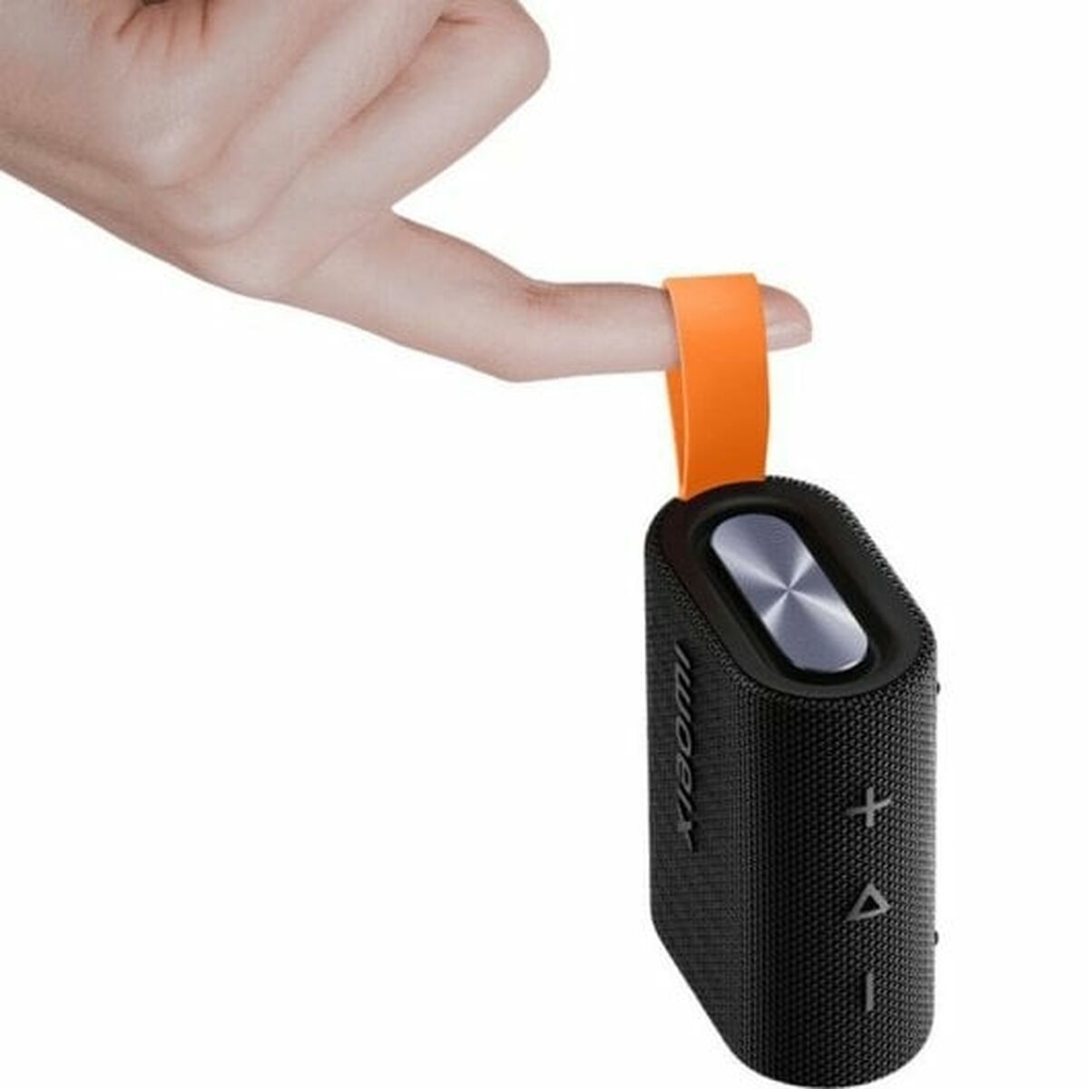 Detail van de Xiaomi Bluetooth luidspreker met handvat en volumeknoppen.