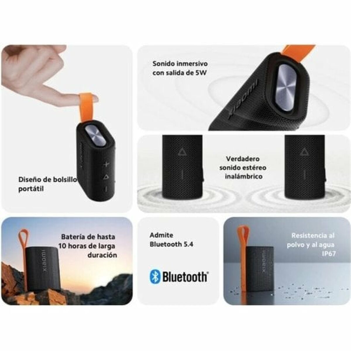 Detail van de Xiaomi Bluetooth luidspreker met oranje draaglus en waterdichte behuizing.