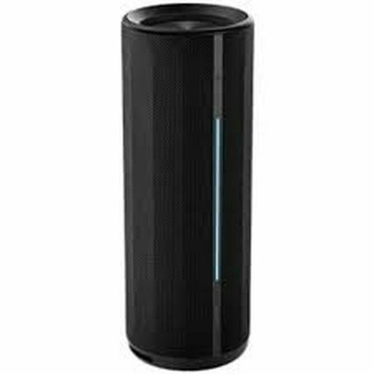 Zwarte Xiaomi Bluetooth-luidspreker met een slank, cilindrisch ontwerp en een blauwe LED-lijn.
